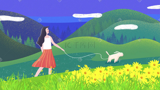 女孩和狗狗插画图片_夏天出游赏花的女孩和狗