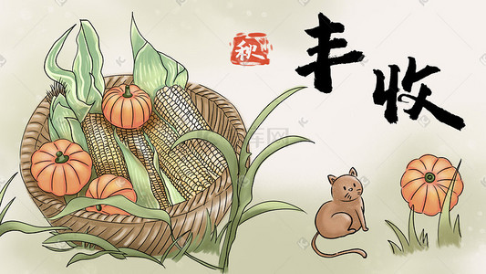 玉米的地插画图片_秋季丰收玉米南瓜猫咪粮食草地