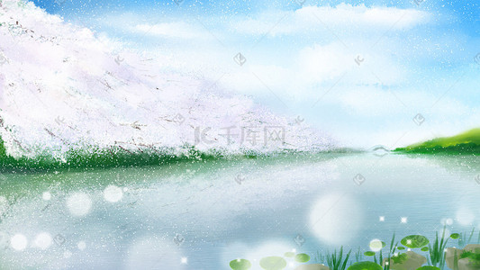 浪漫树林插画图片_湖边美丽的樱花树林