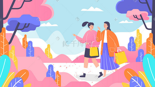 姐妹拉手插画图片_妇女节姐妹闺蜜出游旅游风景手机页面配图