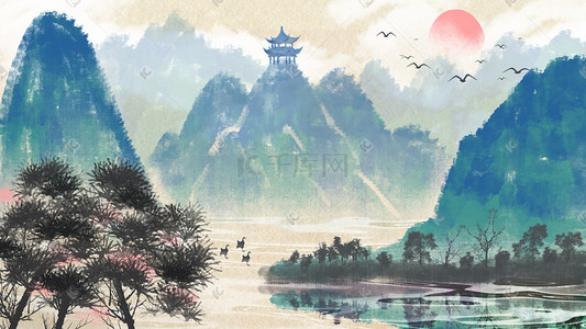 蓝色国风插画图片_中国风水墨风山水风景配图