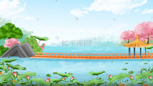 夏景插画图片_清新手绘风夏景西湖荷花盛开