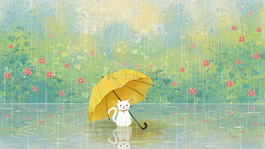宠物猫罐头插画图片_雨水节气之雨伞与猫治愈系场景