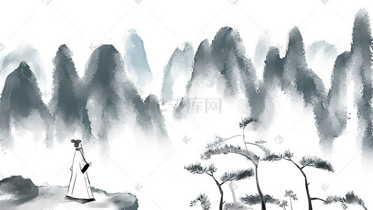 水墨画水墨插画图片_水墨风眺望高山风景的人