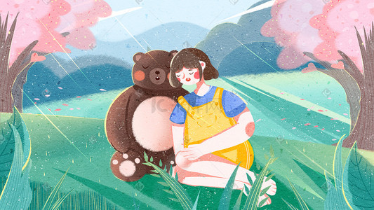 绿色环保展架背景插画图片_绿色环保爱护动物可爱女孩与熊
