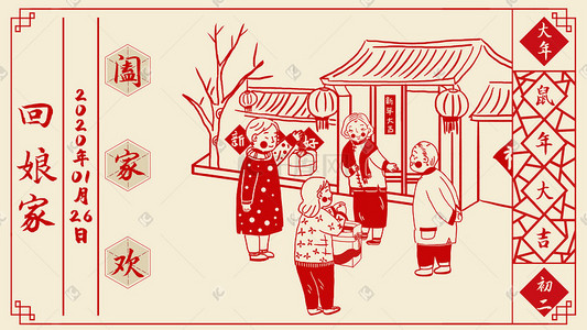 中国传统节日鼠年过年习俗大年初二插画