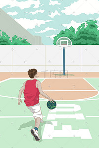 篮球场插画图片_在篮球场打球的人