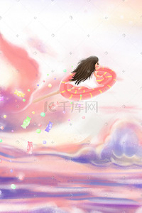 糖棒糖插画图片_夏季夏天天空云彩女孩棒棒糖飞翔