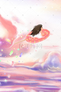 背景天空云彩插画图片_夏季夏天天空云彩女孩棒棒糖飞翔