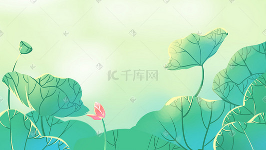 古风荷花背景插画图片_绿色系中国风古风荷花荷叶云朵背景