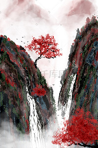 古代中国风水墨插画图片_中国风水墨山水瀑布背景