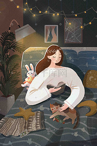 手绘夏夜插画图片_夏夜夜晚晚安温馨清新少女手绘风格插画