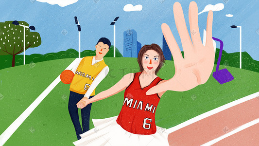 打篮球篮球插画图片_54青年节青年情侣打篮球