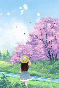 踏青春天燕子插画图片_春分主题之春天风景樱花草地风景