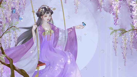 紫花缠绕插画图片_古风紫藤萝花下少荡秋千