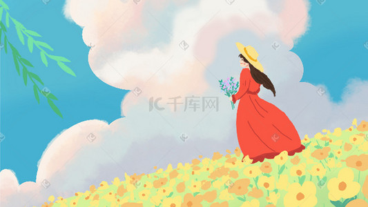 立春春天女孩插画图片_立春时节女孩在花海里