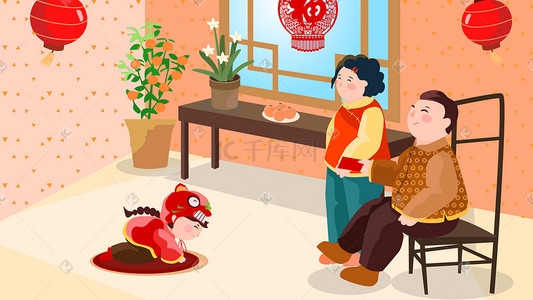 春节习俗红色中国风海报插画图片_春节习俗拜年矢量扁平风插画