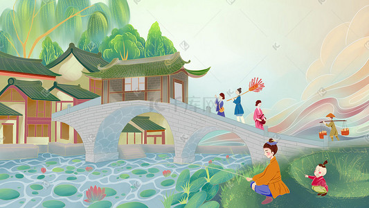 中国风古代集市场景手绘插画