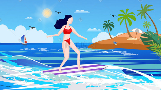 夏季美女海上冲浪插画