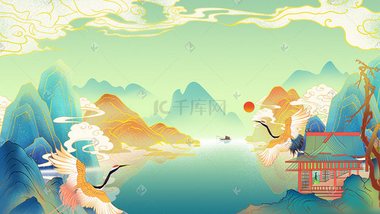 仙鹤插画图片_风格仙鹤山水风景