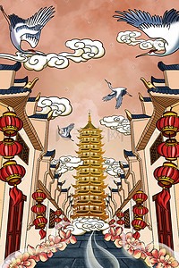 新年年货灯笼插画图片_大气场景 建筑 风景 古建筑 宝塔 灯笼