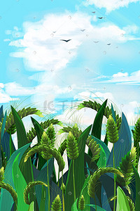 小麦背景插画图片_秋天秋收丰收水稻粮食风景背景