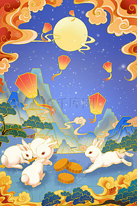 烫金logo插画图片_中秋节月饼嫦娥兔子月亮国潮中秋