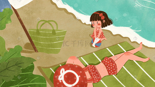 休假插画图片_母女休假在海边游玩