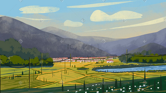 国潮壁纸4k超清朱雀插画图片_夏日乡村田野田地山水风景