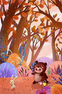 小熊插画图片_立秋秋风秋天秋季黄色丰收小熊与兔子