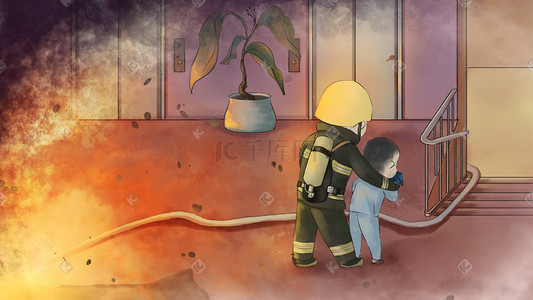 消防安全提示插画图片_消防救援火灾现场消防员救助
