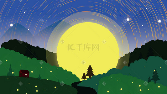 夜晚的树林插画图片_夏天夜晚的流星雨