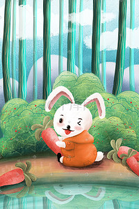 胡萝卜鼻子插画图片_夏日夏季夏景森林与兔子