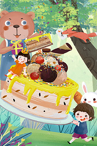 兔子生日快乐插画图片_生日蛋糕主题之慕斯蛋糕治愈系场景