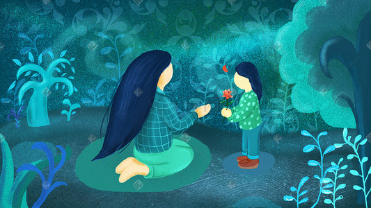 蓝色夏季 手绘插画 母亲节 母亲和孩子