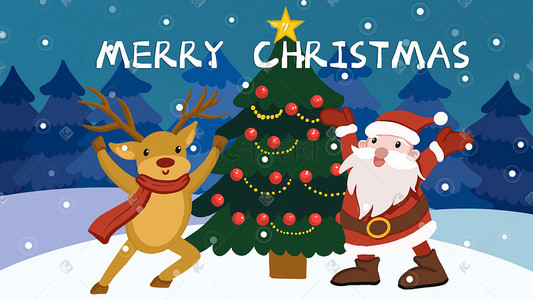 merry圣诞插画图片_圣诞节圣诞老人和麋鹿送礼物圣诞