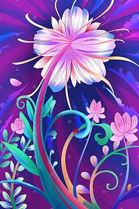 紫色系卡通手绘风缤纷色彩花卉配图