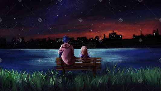 恋人一起坐长椅观望星空