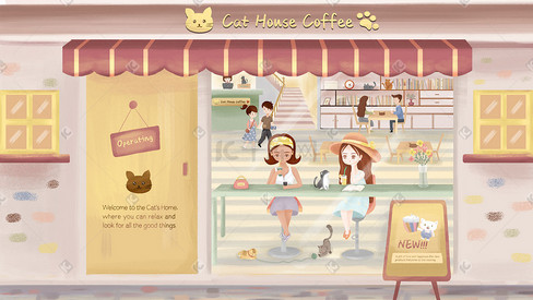 温暖系可爱夏季街景女孩猫咪咖啡店配图