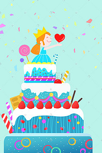 卡通气球礼物插画图片_蓝色系卡通手绘风生日女孩千层蛋糕配图
