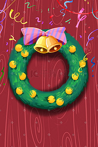 栗棕色木纹插画图片_红色系圣诞节花环彩带木纹背景圣诞