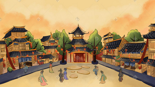 新中国中国插画图片_新年春节中国风古建筑商业街逛街生活
