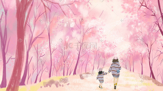 樱花飞舞插画图片_花节粉色樱花林中母子牵手背影