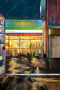 古时街景插画图片_夜晚雨后冷暖对比街道街景油画
