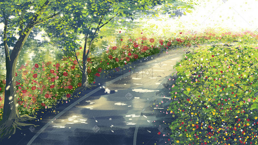 树林树叶插画图片_树林马路城市绿化夏天秋天树叶草地旅游散步