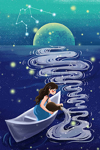 泡澡人与ai智能对话科技女子与狗眺望星空剪影插画面对星空独自一人