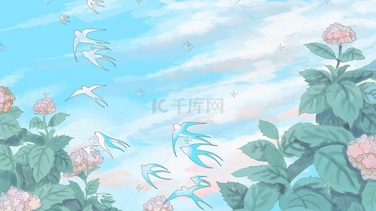 晴空插画图片_简单背景夏日蓝色晴空绣球花