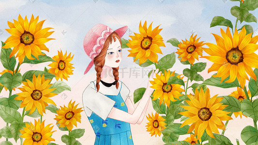 花海水彩插画图片_水彩清新少女与向日葵
