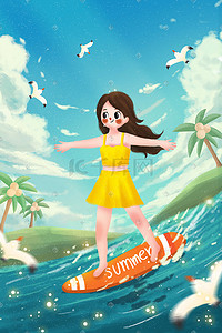 女孩海滩插画图片_夏天女孩海边度假冲浪