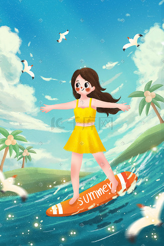 女孩海边度假图片素材_夏天女孩海边度假冲浪